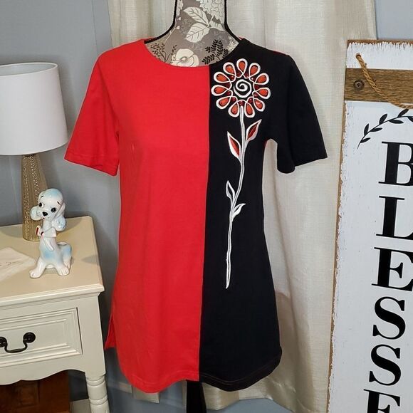 Bob Mackie Black & Red Colorblock Beaded Flower Blouse,  Sz XS - Picture 3 of 8